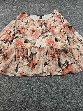 Smocked Floral Peplum Blouse - Peach Floral Size Large #301
